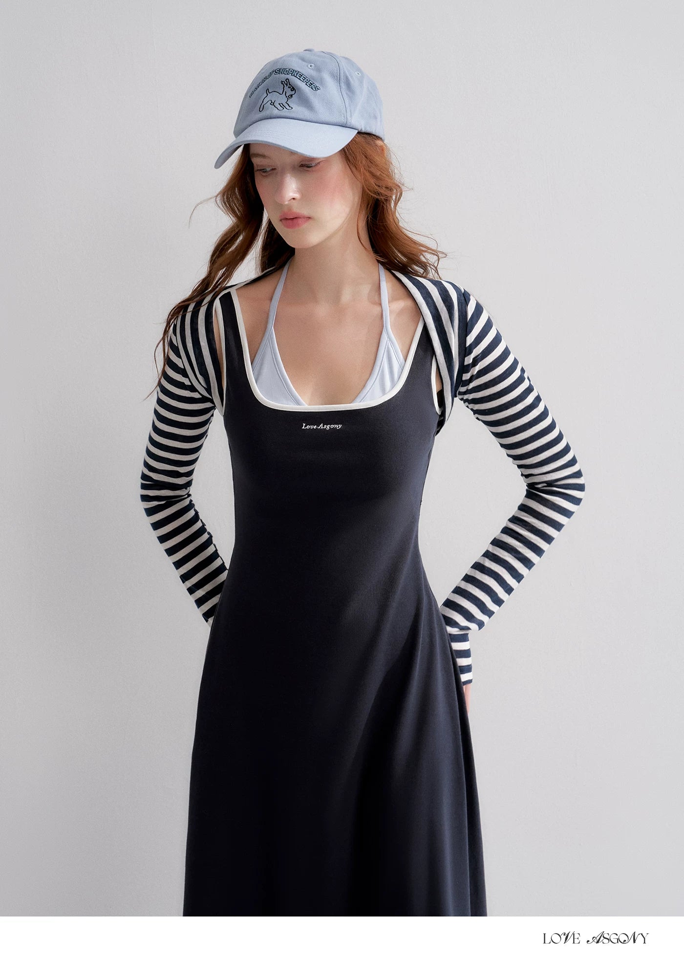 Contrast Color U-Neck Halter Knit Long Dress