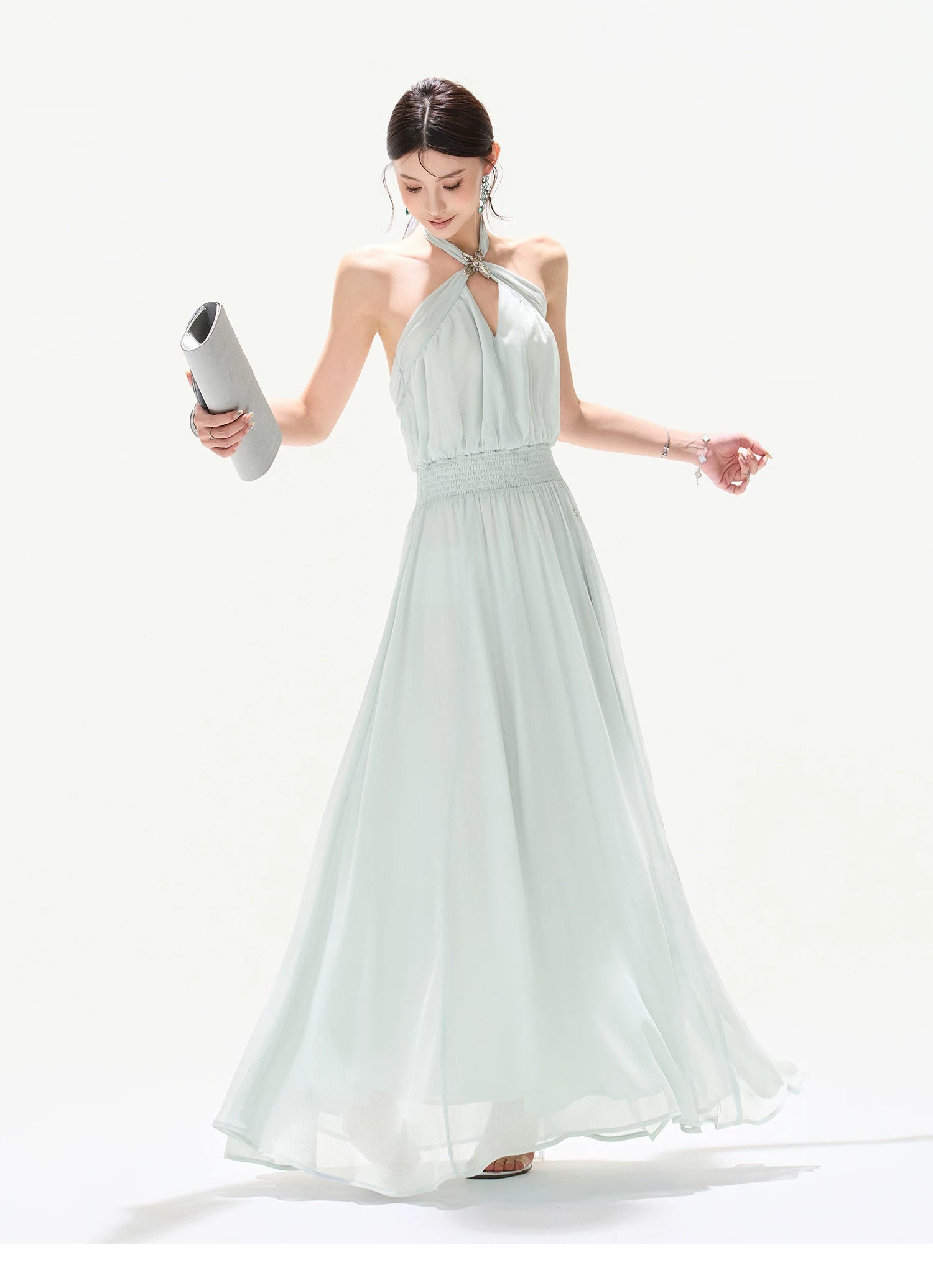 Misty Blue Halter Neck Chiffon Long Dress