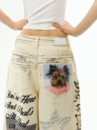 Washed Print Wide-Leg Jeans