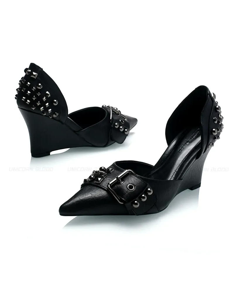 Studded Pointed-Toe Wedge Heels