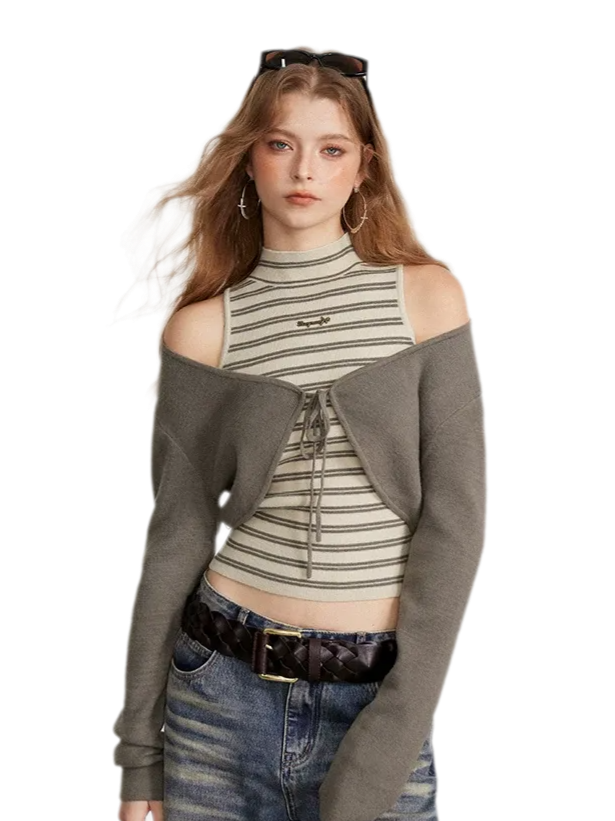 Contrast Stripe Knit Vest Set