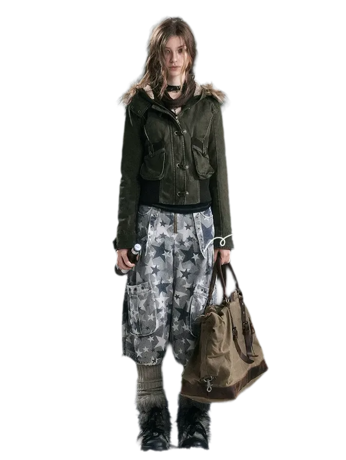 Washed Quilted Fur-Trim Hooded Jacket