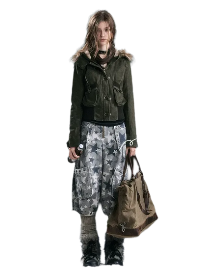 Washed Quilted Fur-Trim Hooded Jacket