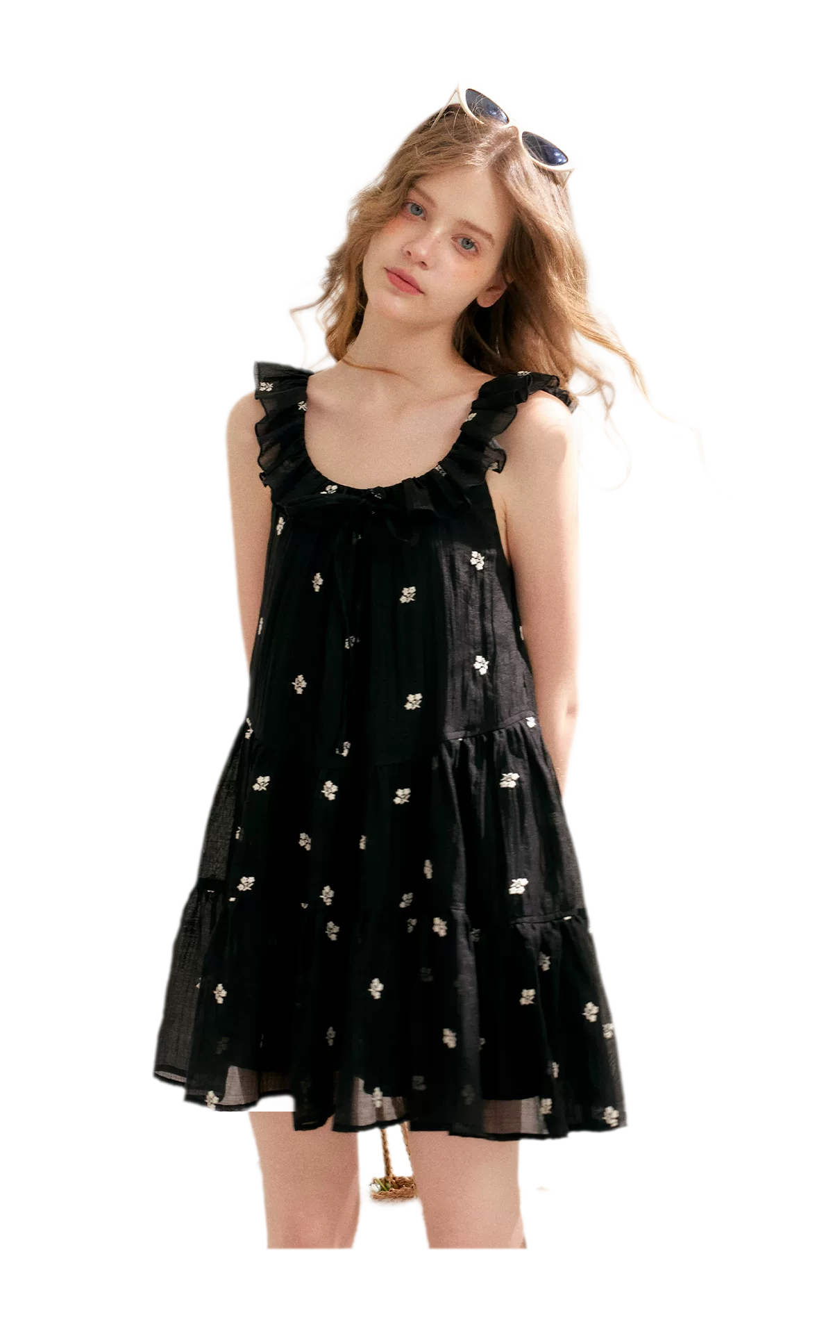 Tencel Embroidered Ruffle A-line Dress
