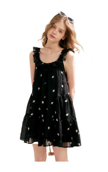 Tencel Embroidered Ruffle A-line Dress