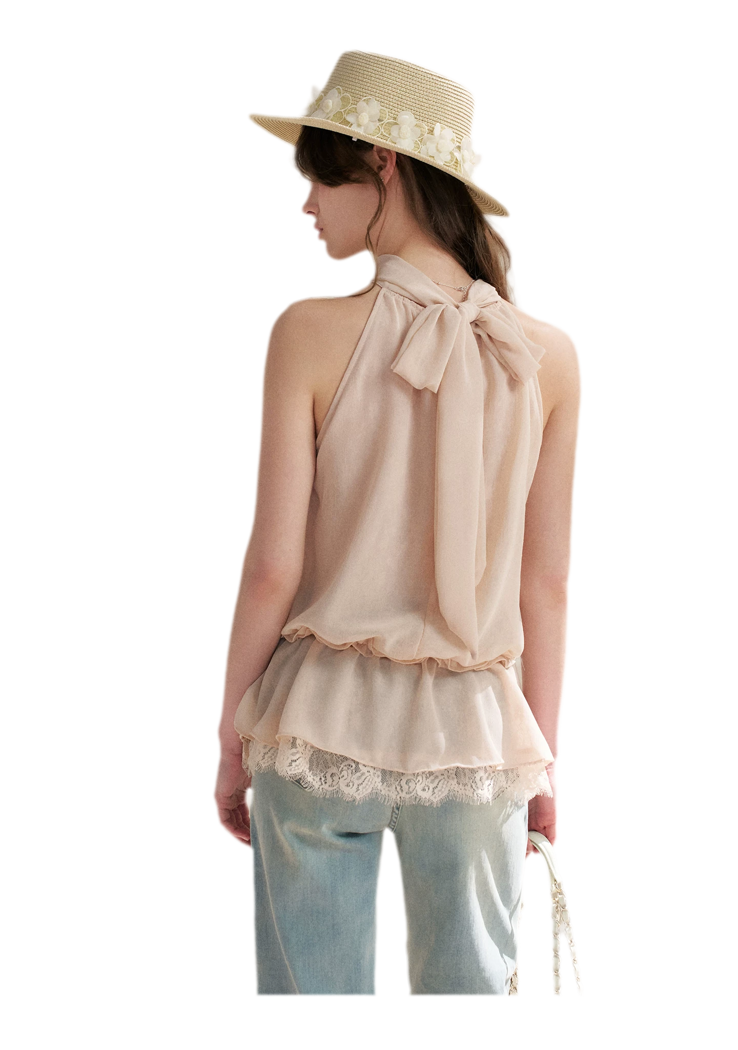 Chiffon Lace Halter V-Neck Blouse