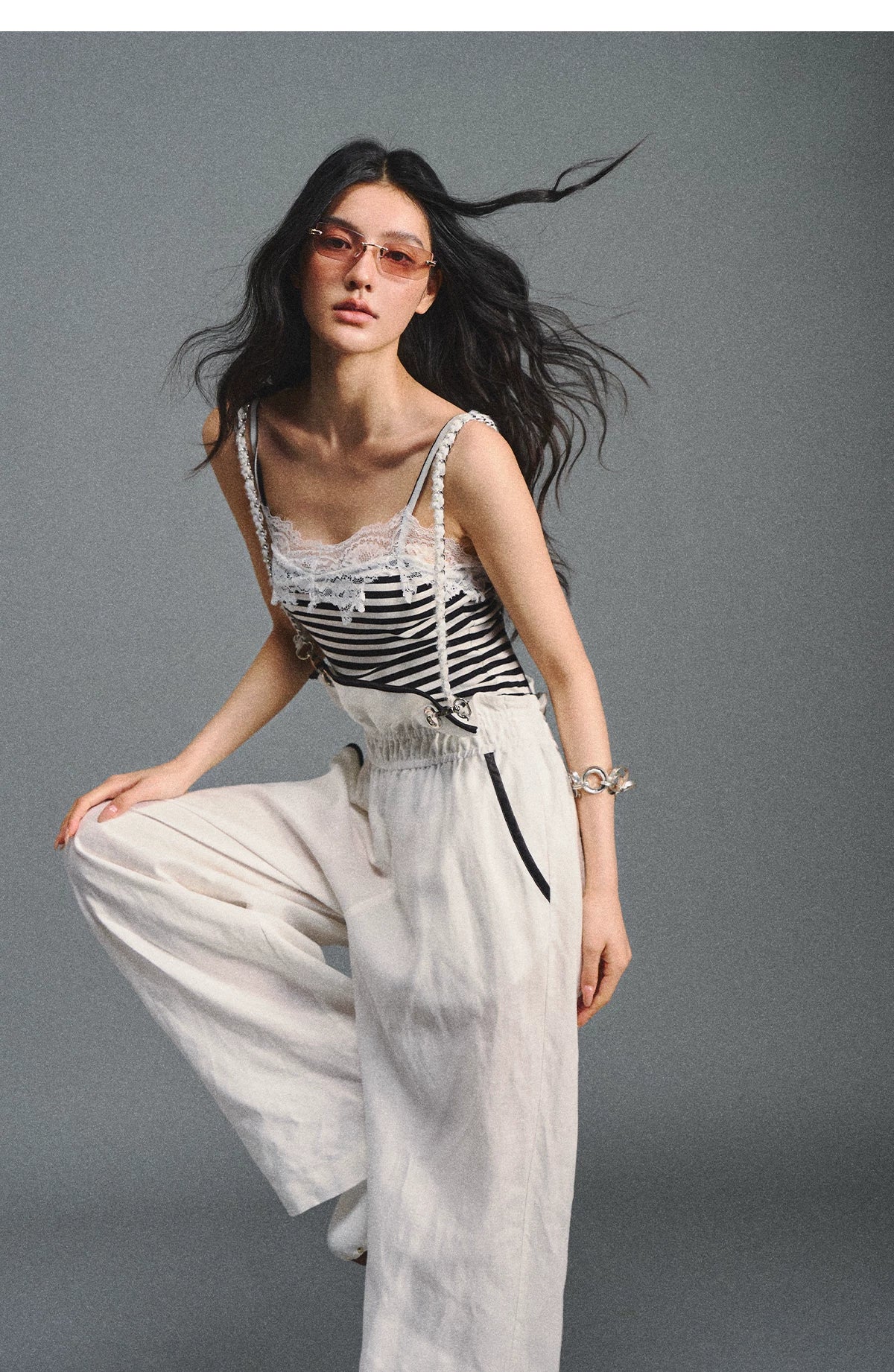 Tencel Linen Contrast Satin Trim Wide-Leg Pants
