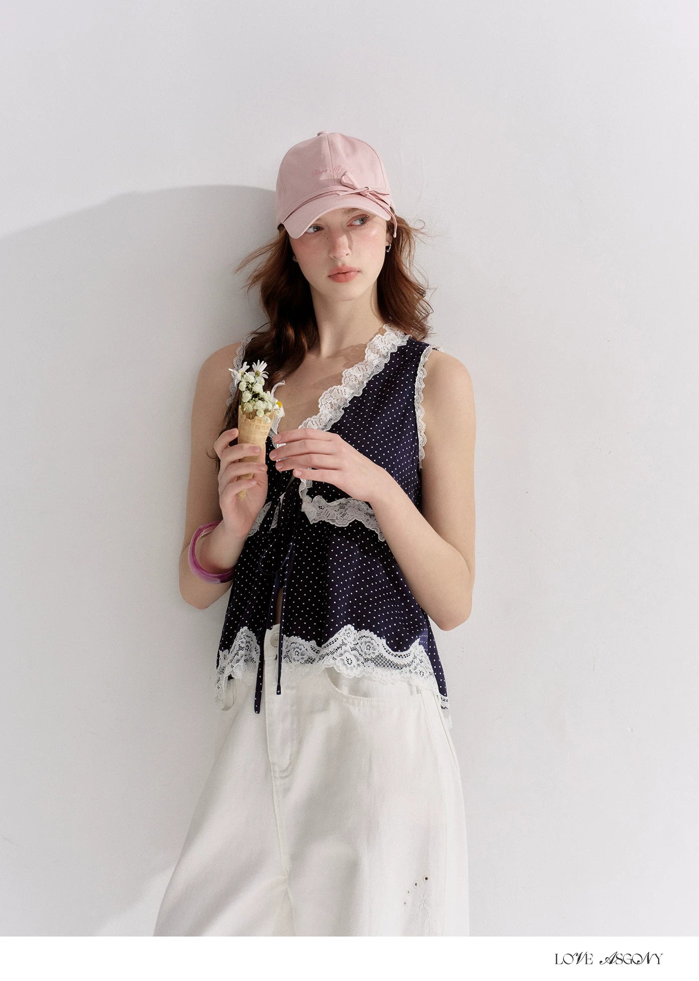 V-Neck Lace Polka Dot Waist-Defined Sleeveless Top