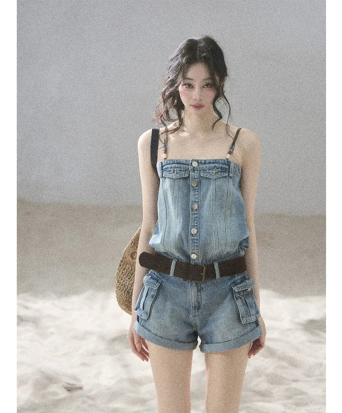 Washed Denim Jumpsuit Shorts