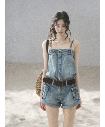 Washed Denim Jumpsuit Shorts