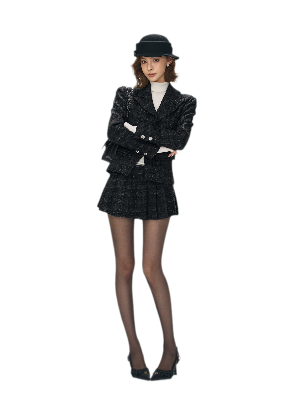 Tweed Jacket Pleated Skirt Set