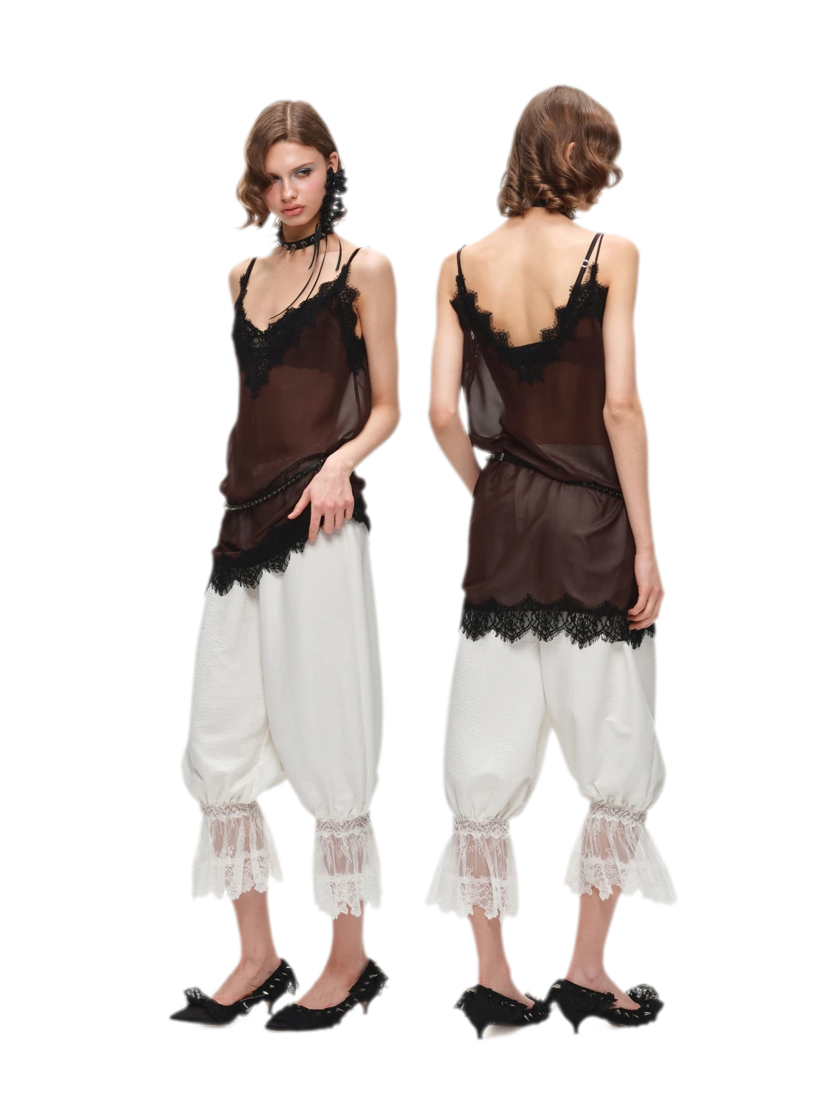 Deep V-Neck Lace Chiffon Satin Dress