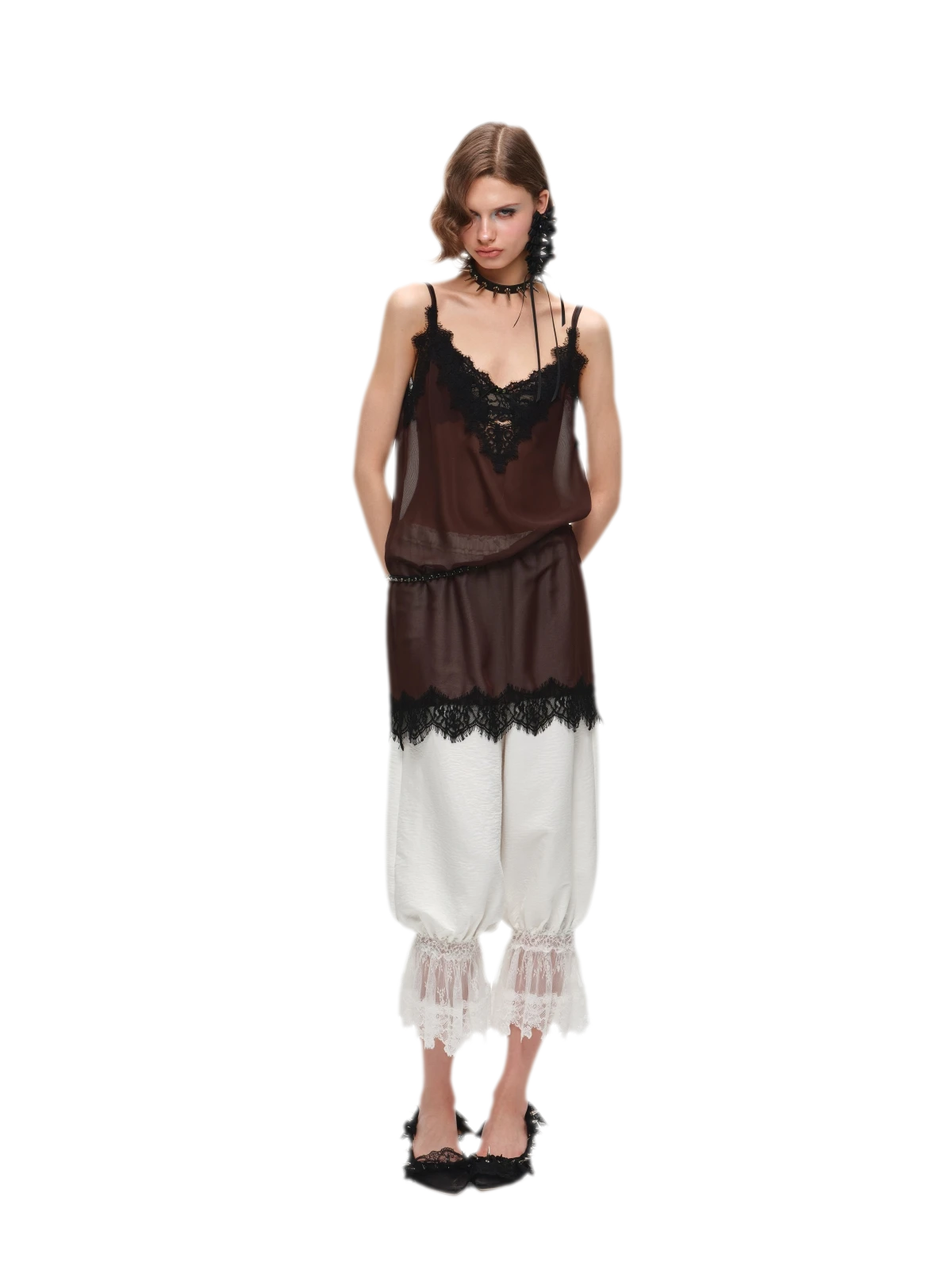 Deep V-Neck Lace Chiffon Satin Dress
