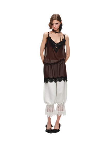 Deep V-Neck Lace Chiffon Satin Dress