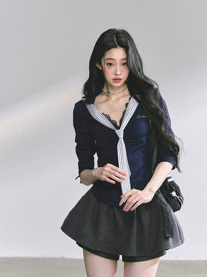 細條紋蕾絲 Polo 衫
