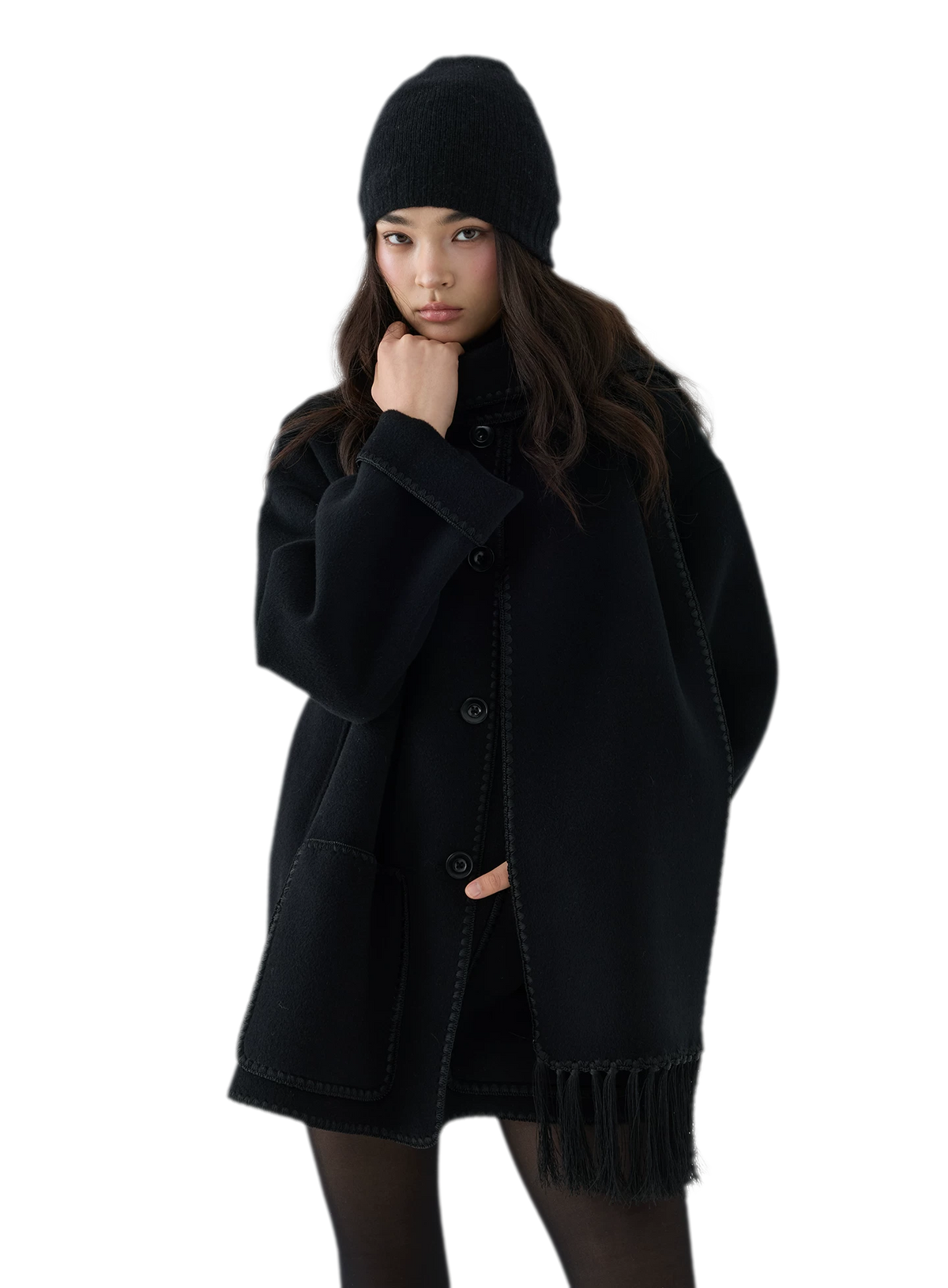 Double-Faced Wool Fringe Cape Coat