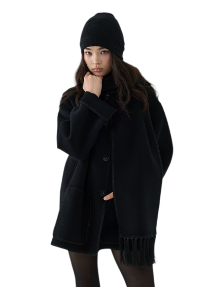 Double-Faced Wool Fringe Cape Coat