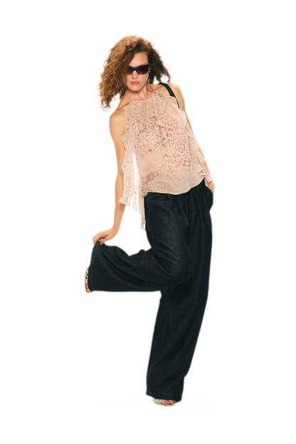 Off-Shoulder Halter Chiffon Check Print Top