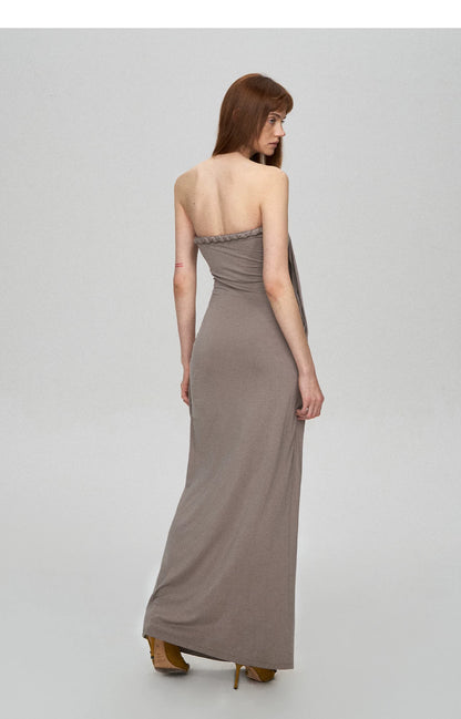 Sculptural 93% Lyocell Pleated Long Dress