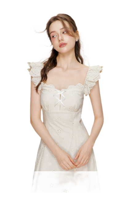 Embroidered Lace Flutter Sleeve Dress