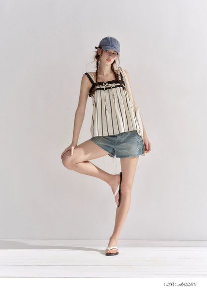 Striped Lace-Trim Tie-Front Camisole