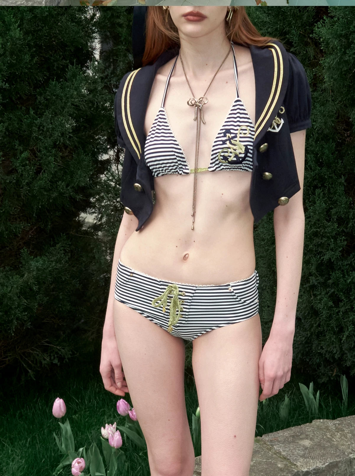 Striped Nautical Anchor Halter Bikini Set