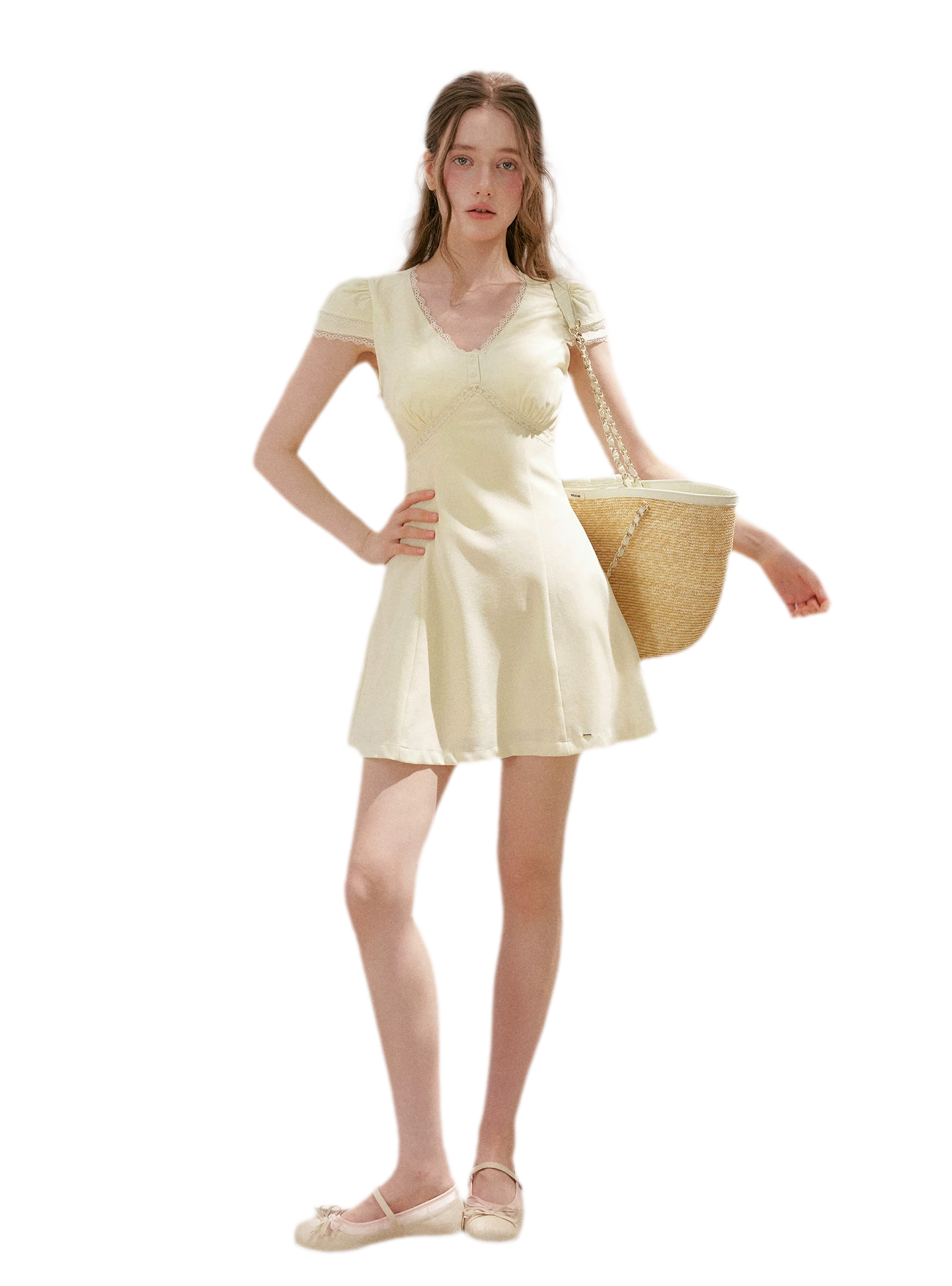 Lace V-Neck Short Sleeve A-Line Dress