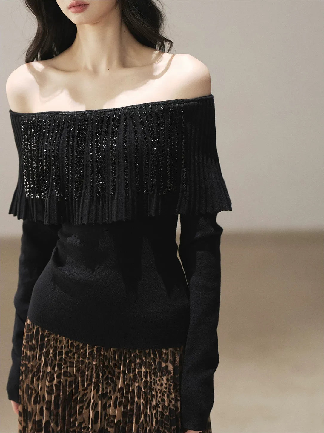 Pleated One-Shoulder Long-Sleeve Top