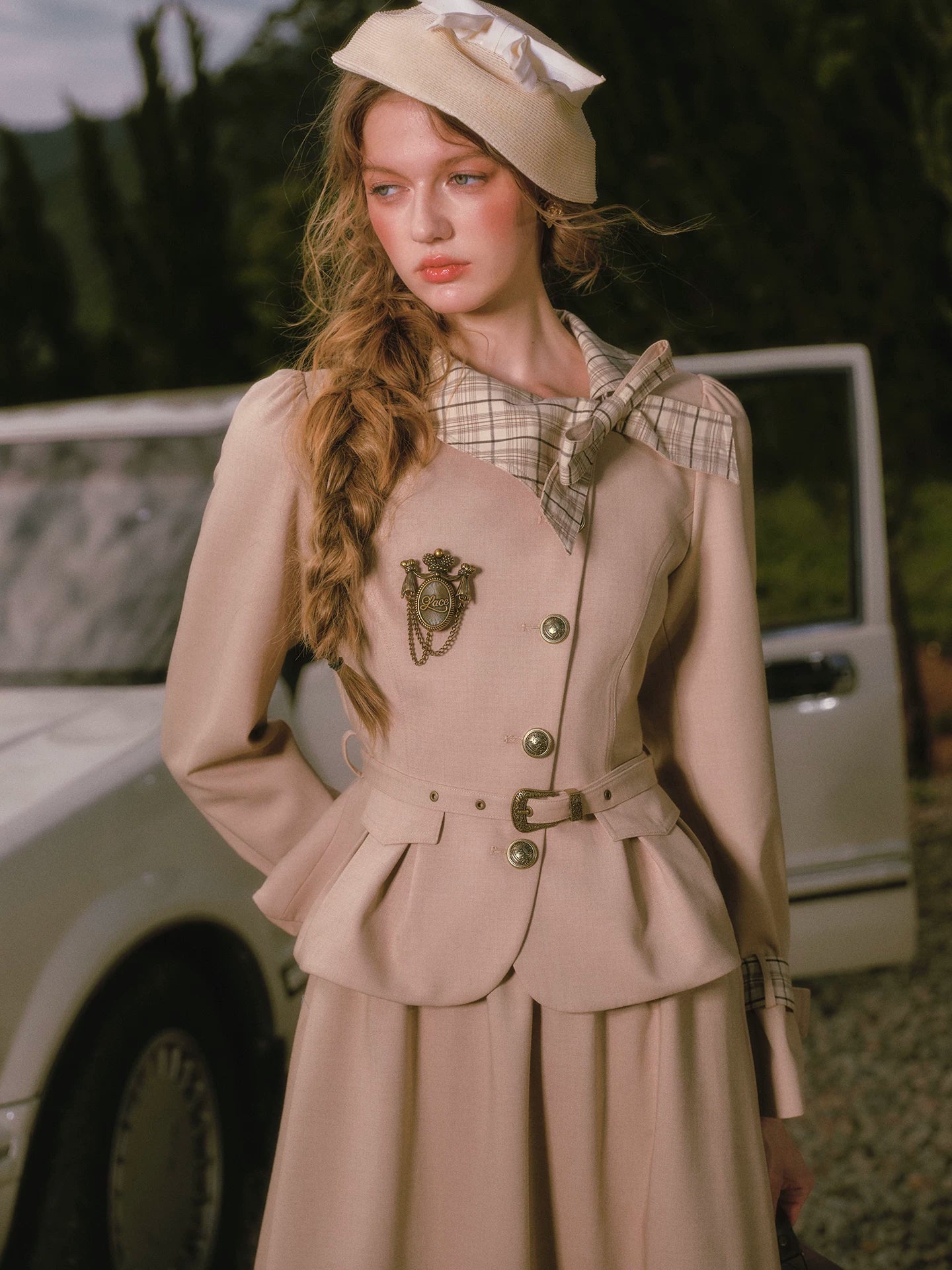 Vintage Belted Trench Skirt Set
