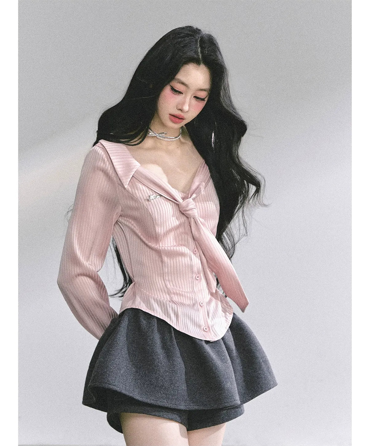 Satin Striped Tie Shirt