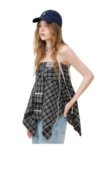 Asymmetric Lace Patchwork Plaid Skirt/Top