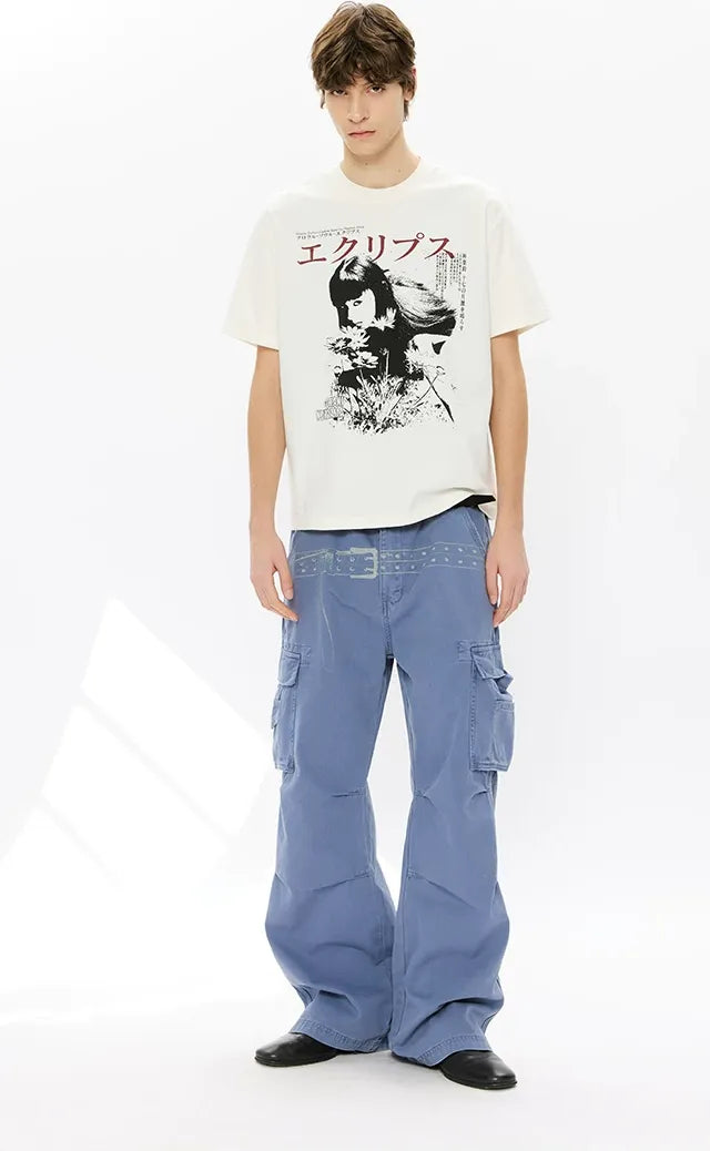 Washed Distressed Wide-Leg Cargo Pants
