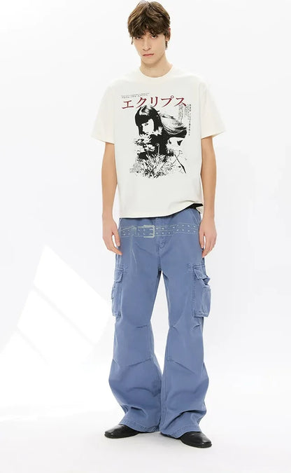 Washed Distressed Wide-Leg Cargo Pants