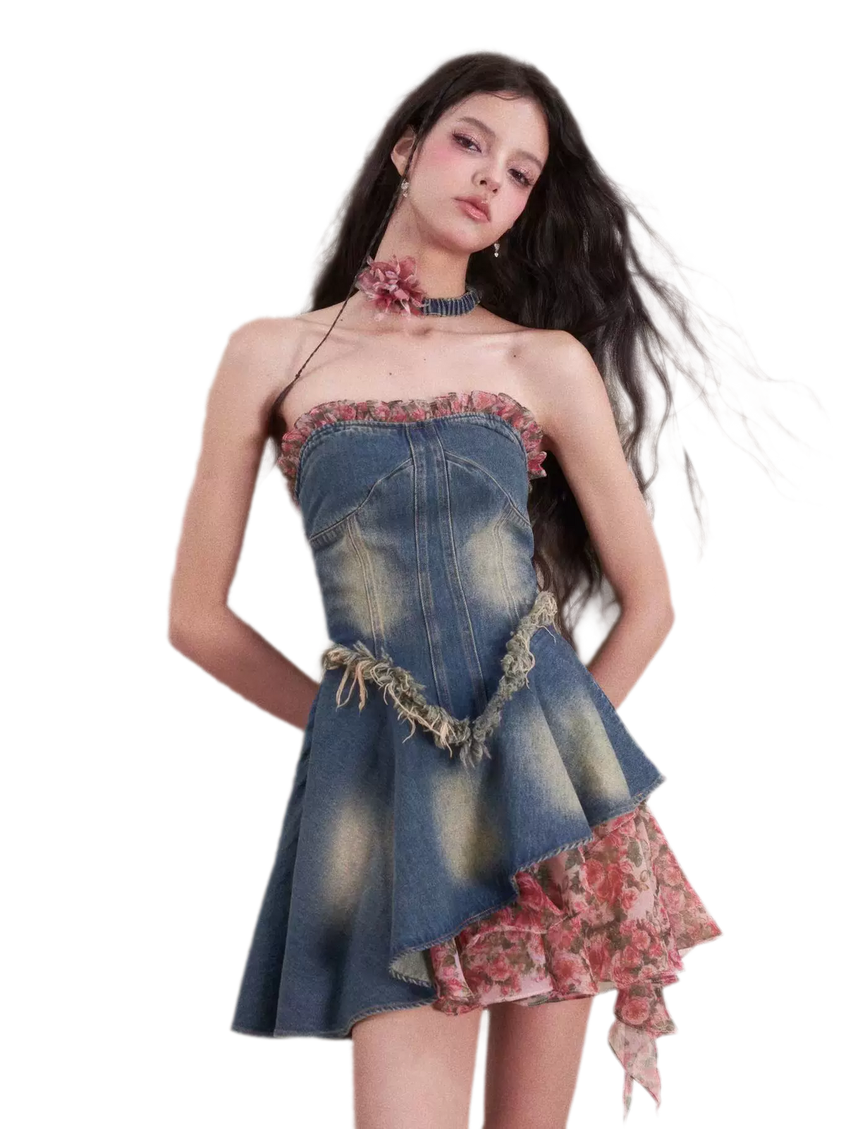 Washed Denim Rose Panel Dress