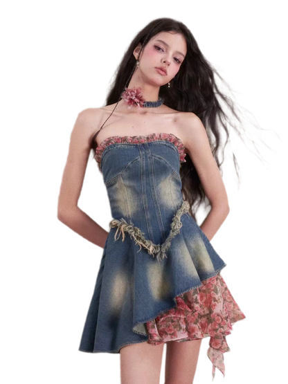 Washed Denim Rose Panel Dress