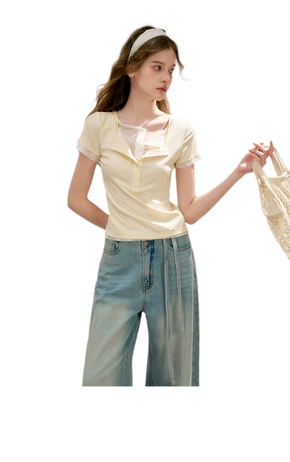 Double-Layer Collar Lace T-Shirt