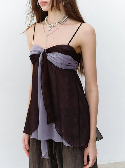 Color Catcher Irregular Contrast Pleated Chiffon Camisole