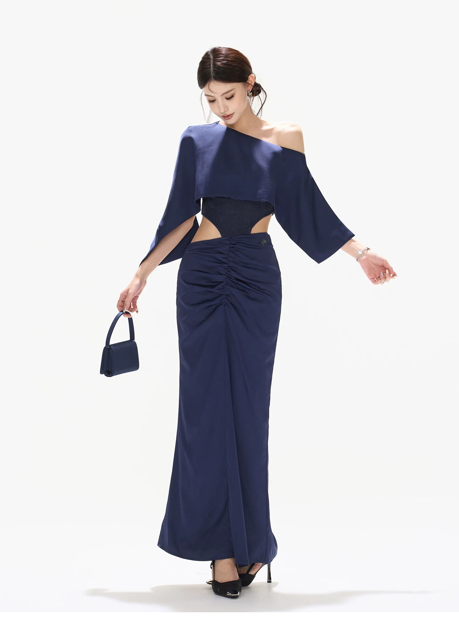 Night Banquet Muse Indigo Asymmetric Off-Shoulder Long Dress
