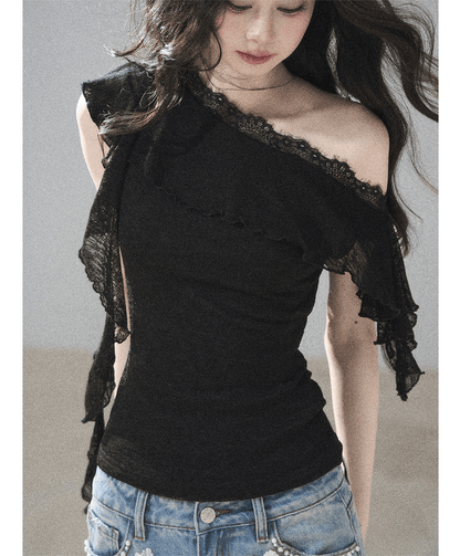 Lace One-Shoulder Crop Tee