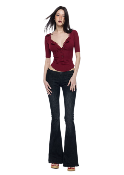 Ribbed Lace V-Neck Top Set