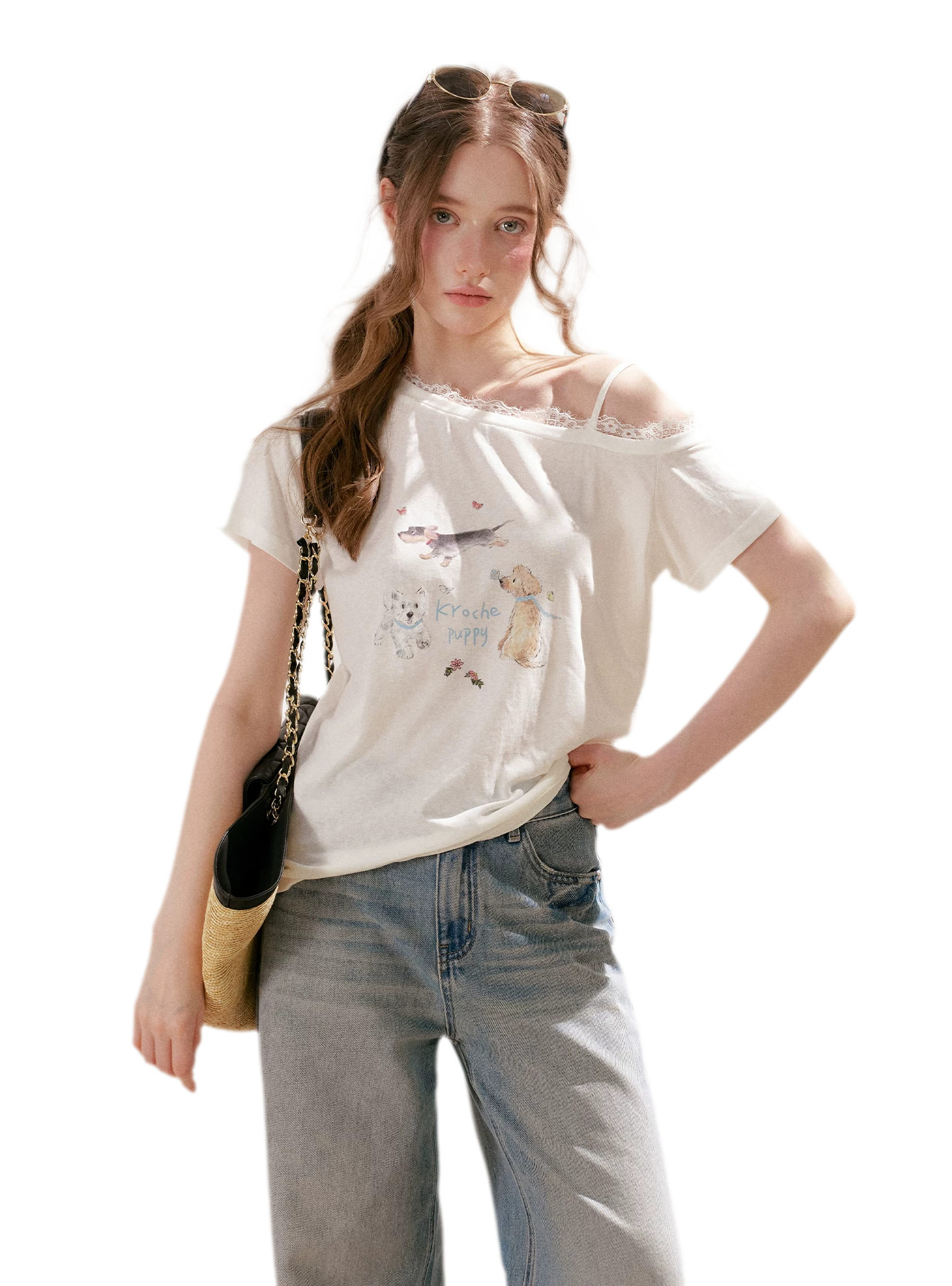 Tencel Cotton French Lace Puppy Print Asymmetric T-Shirt