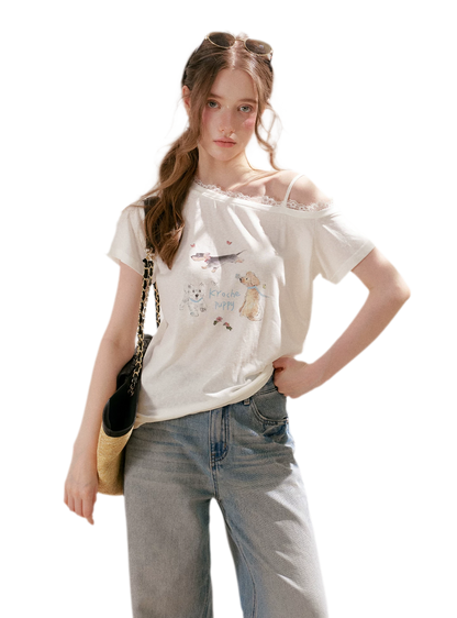 Tencel Cotton French Lace Puppy Print Asymmetric T-Shirt