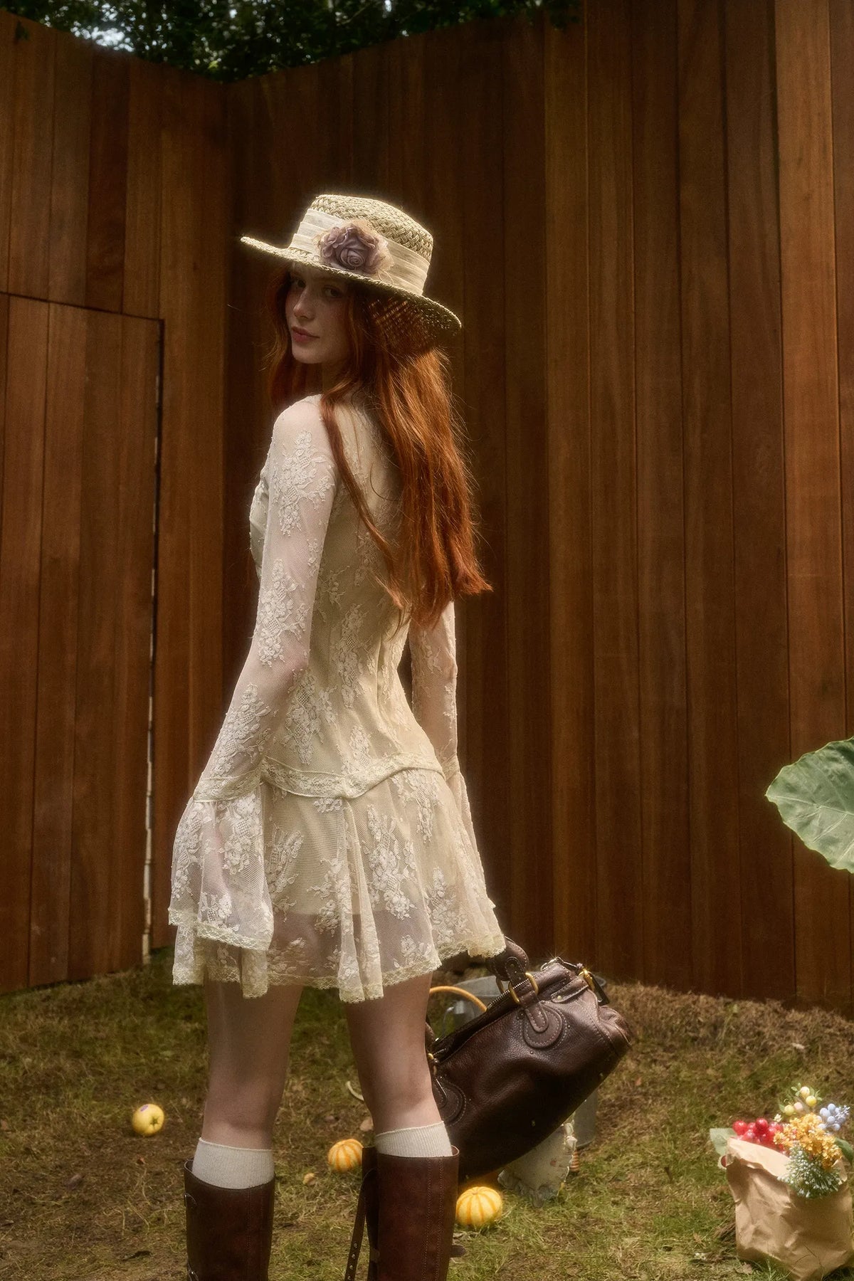 Embossed Lace Cinched Waist Dress