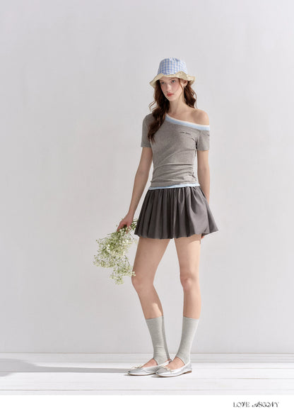 Asymmetric Off-Shoulder Colorblock Slim T-Shirt