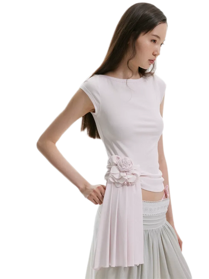 Asymmetric Flower Short Sleeve Top