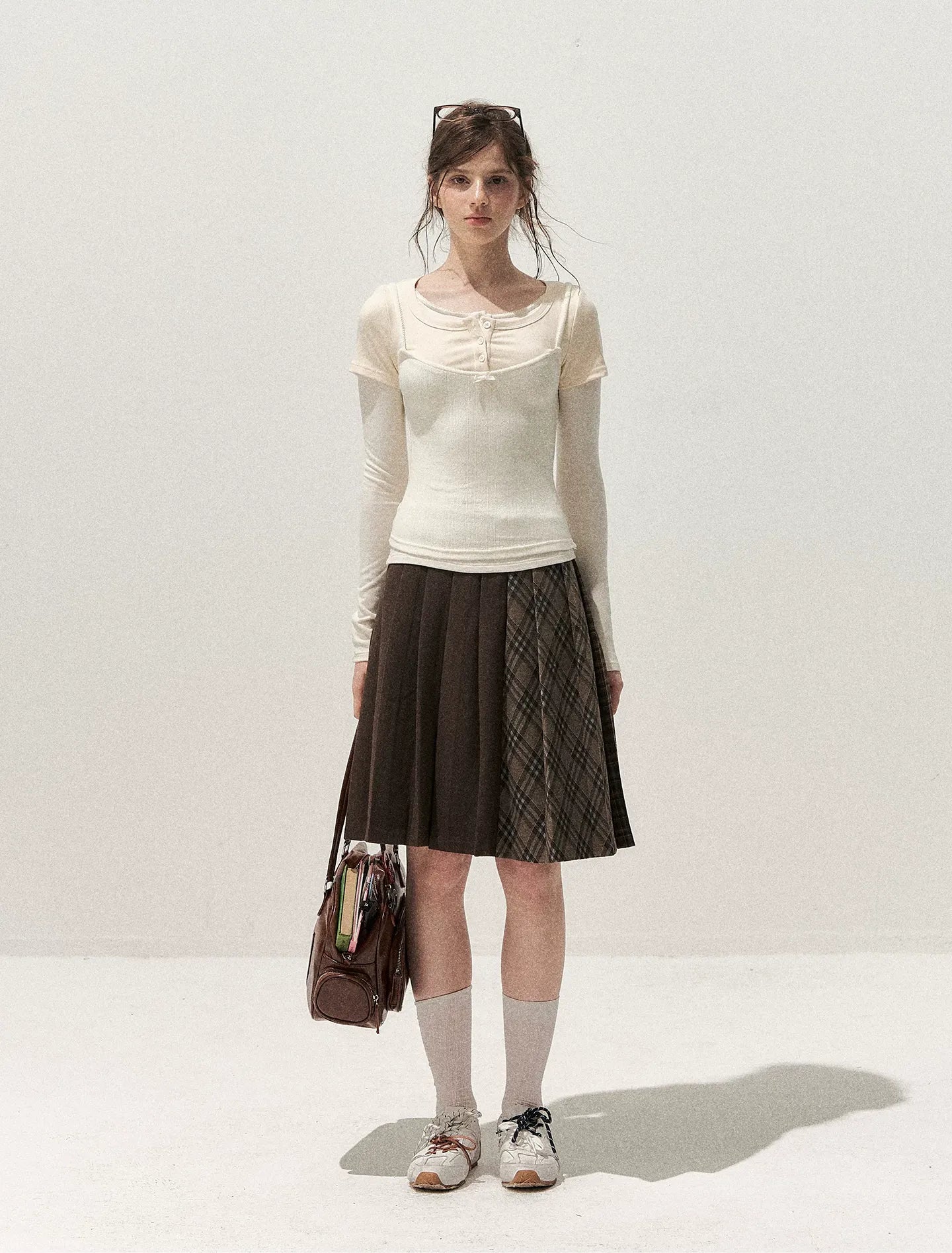 Patchwork Plaid Pleated A-Line Skirt