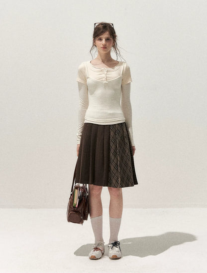 Patchwork Plaid Pleated A-Line Skirt
