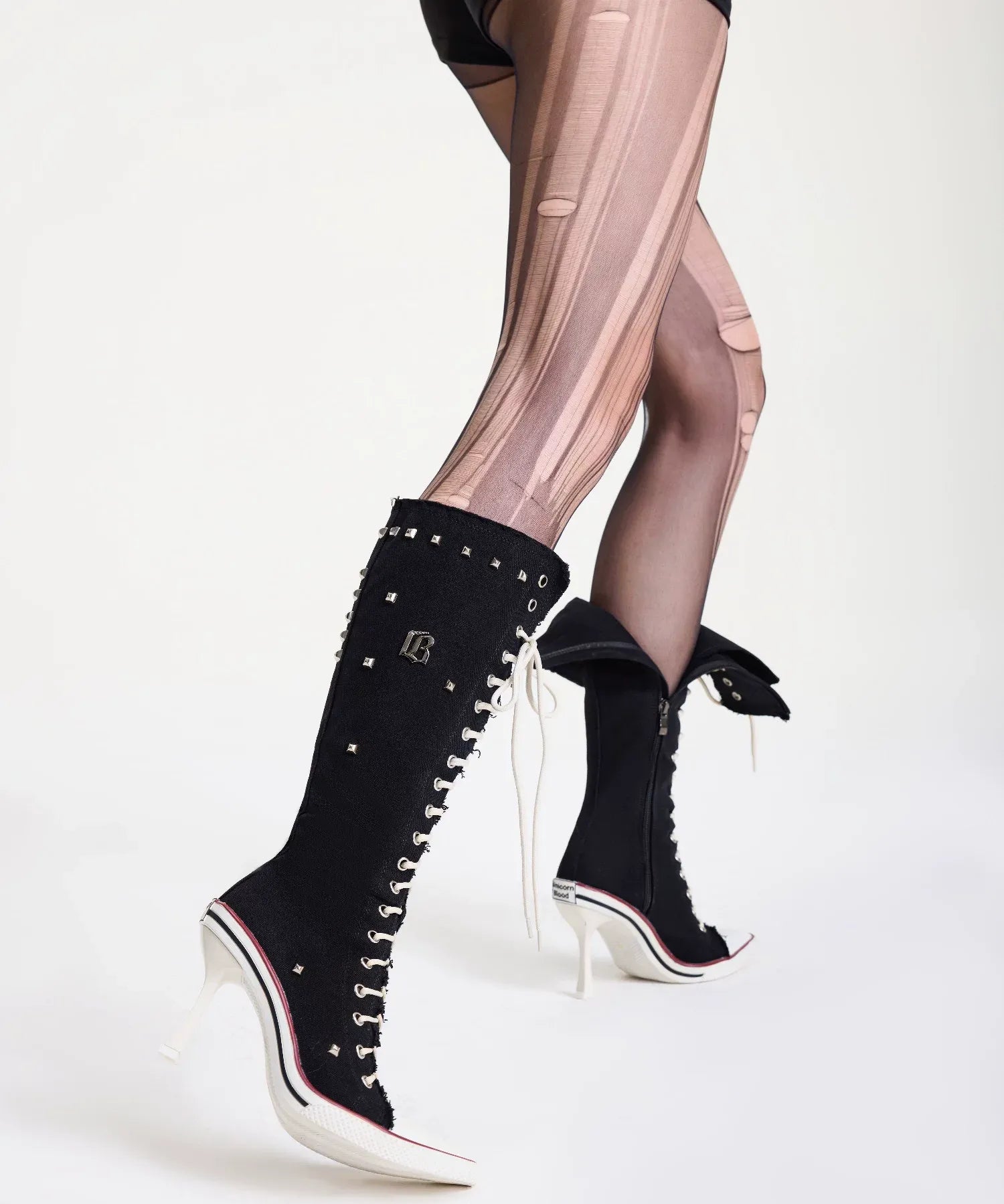 Studded Canvas Knee-High Boots