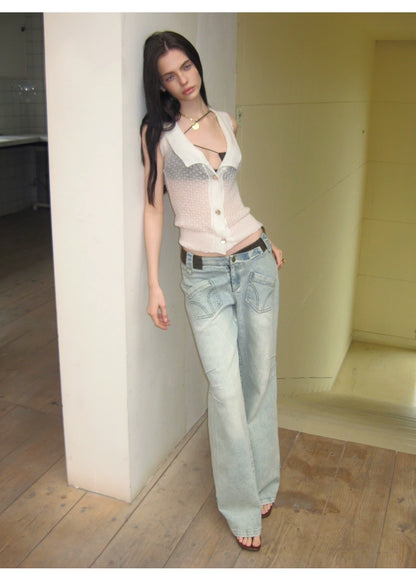Vintage V-Waist Washed Blue Suede Patch Jeans