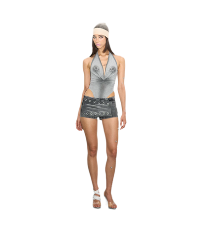 Washed Denim Curved Shorts